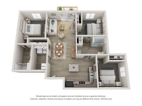 Floor plan for 3 beds, 2 baths, 1154 sqft